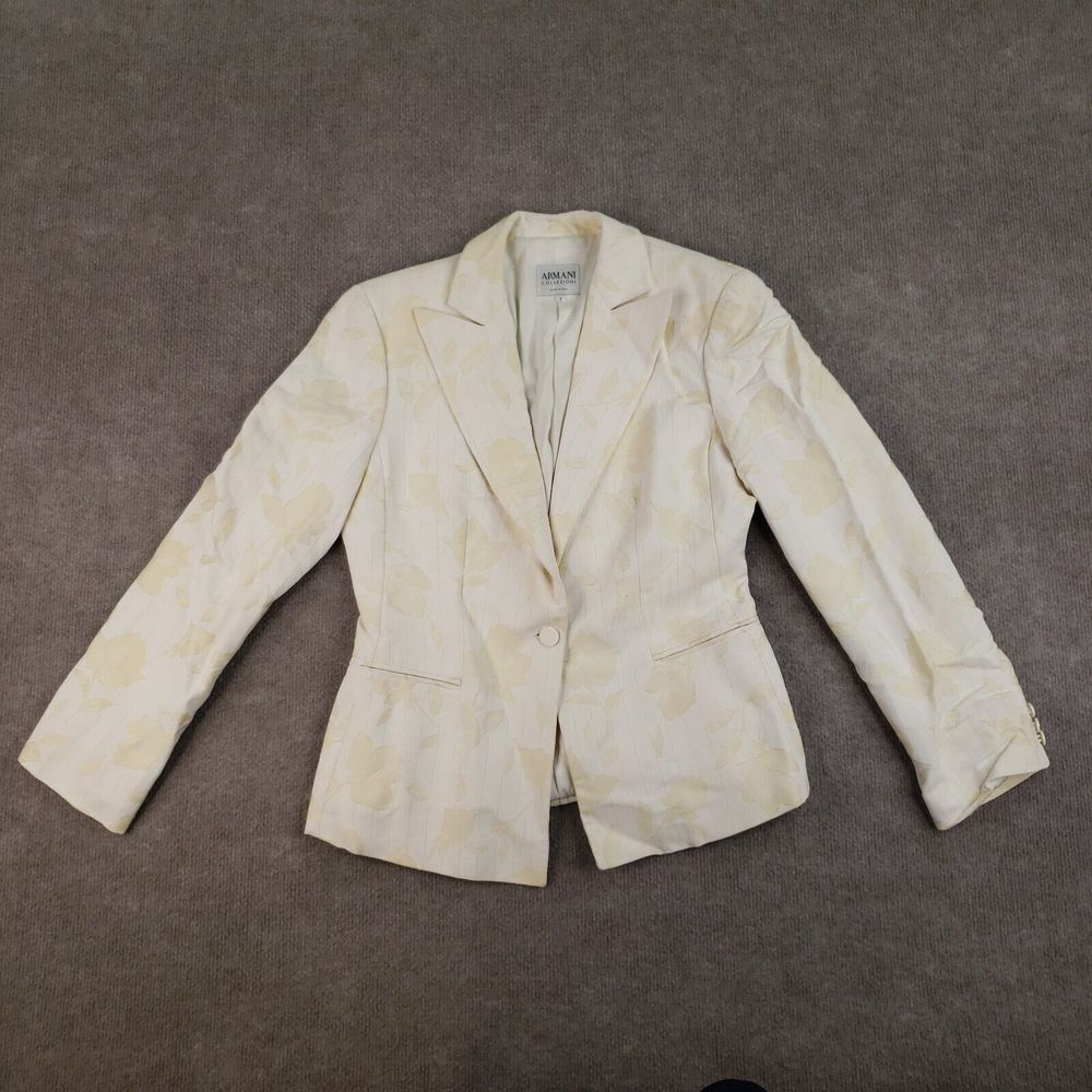 Armani Collezioni Blazer Womens Size 6 Beige Striped Floral Stitched Wool Blend